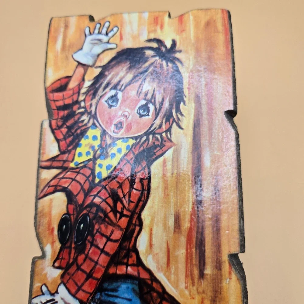 Vintage Idylle Italy Wood Wall Plaque Mid Century Boy Plaid Coat Art